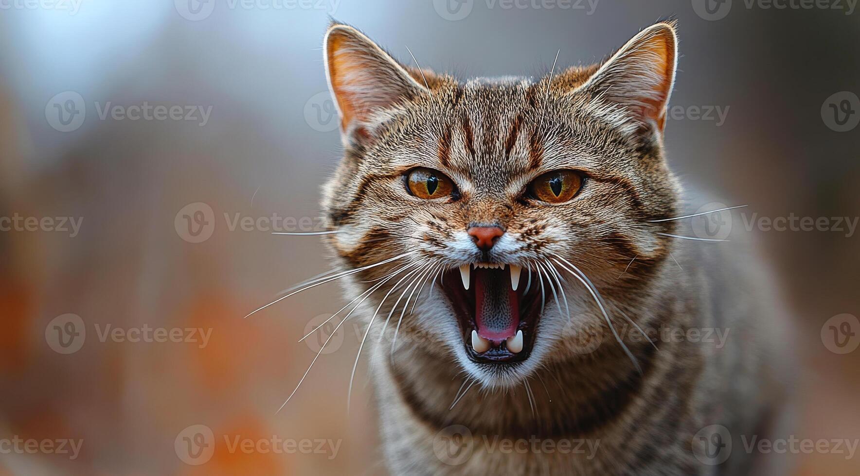 A cat with its mouth open and teeth bared, looking angry. The cat is standing in a field of leaves photo