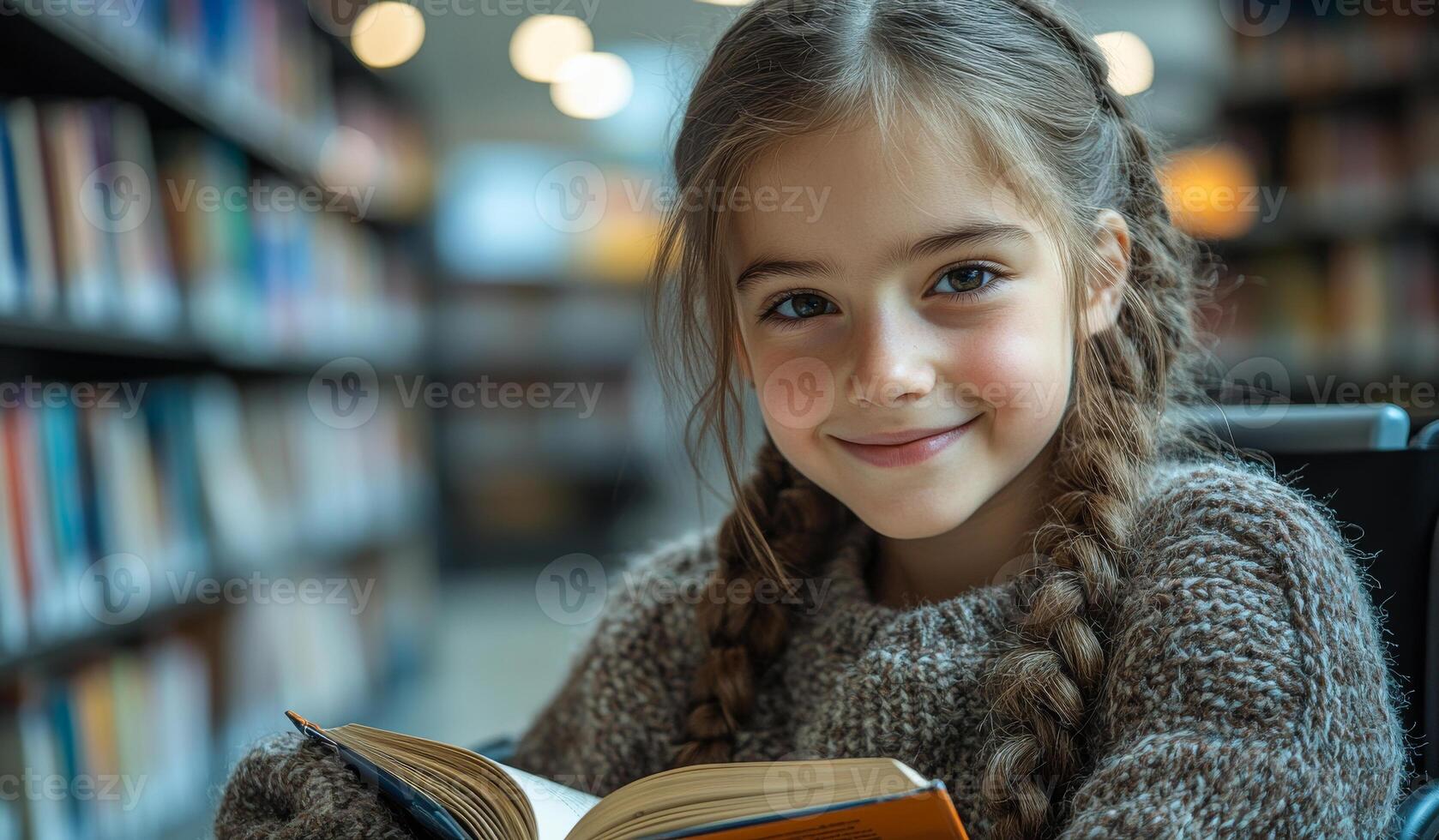 A young girl is sitting in a library with her head tilted to the side and a book in her lap. She is smiling and she is enjoying herself photo