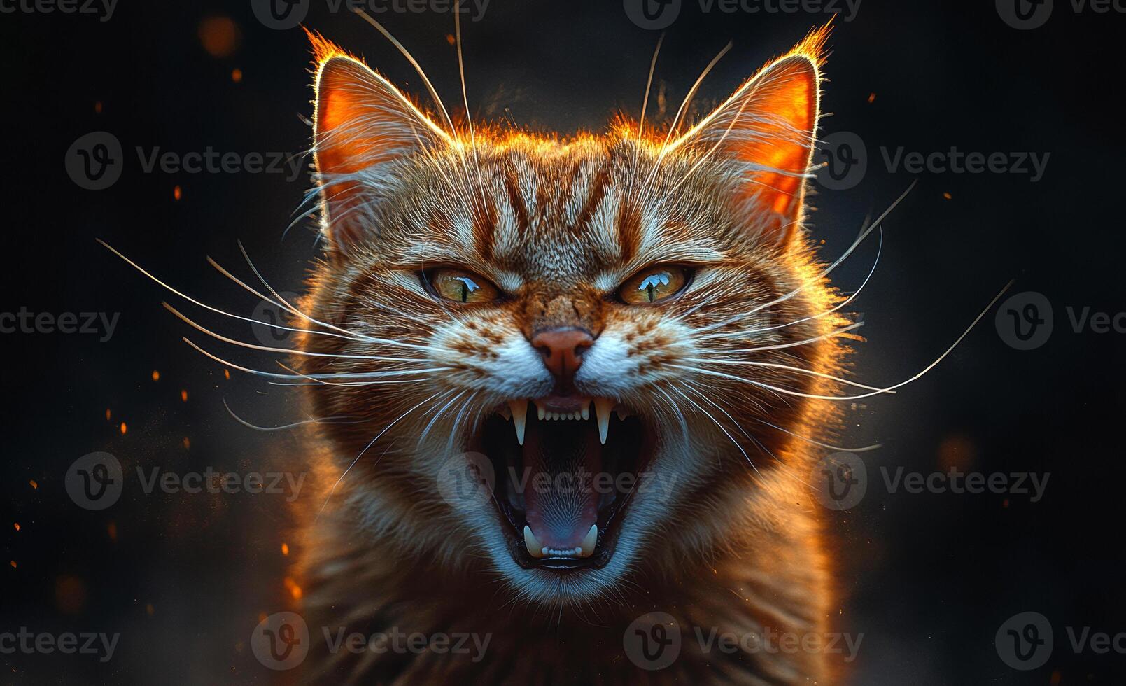 A cat with its mouth open and teeth bared, looking angry. The cat's fur is orange and black, and it has a menacing look on its face photo