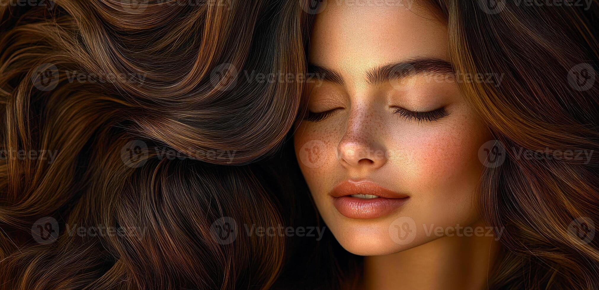 A woman with long brown hair and a tan complexion. She has a light brown eye shadow and a pink lip color photo