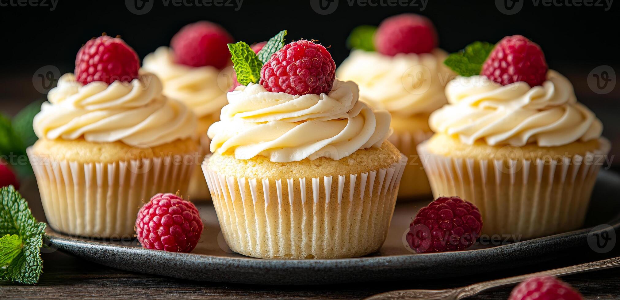 A plate of cupcakes with raspberries on top. The cupcakes are frosted and have a light, fluffy texture. The raspberries are fresh and add a pop of color to the cupcakes photo