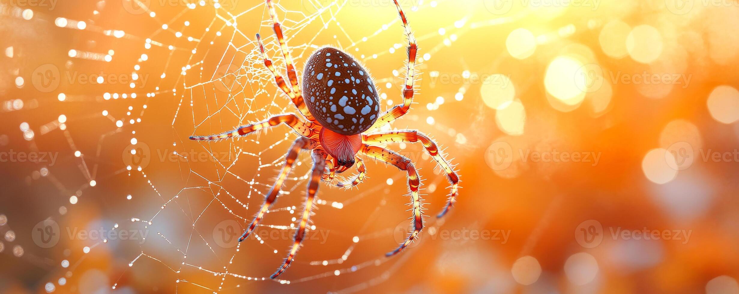 A spider is sitting on a web. The spider is brown and red. The web is orange and has a blurry background photo