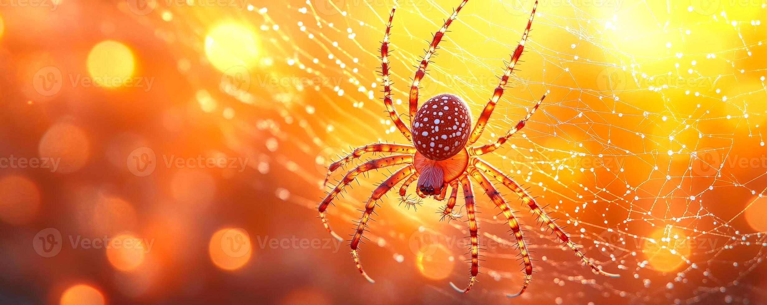 A spider is on a web with a yellow background. The spider is small and brown. The web is very thin and delicate photo