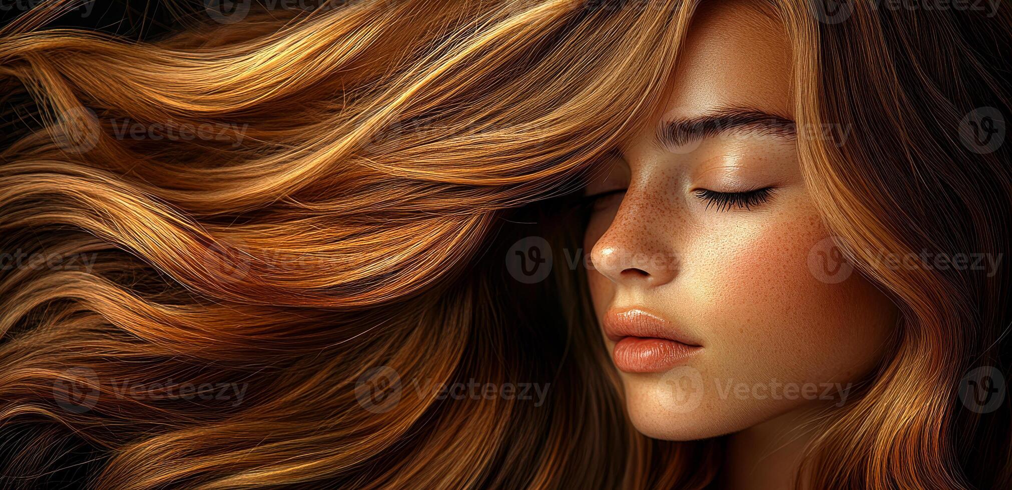 A woman with long brown hair and a tan face. The hair is styled in a way that it looks like it is made of small pieces of hair photo