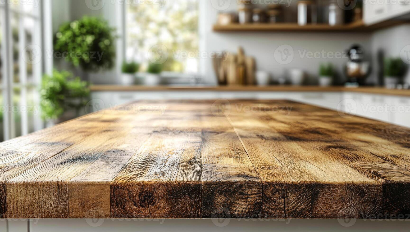 A wooden counter top with a view of the kitchen. The counter top is brown and has a natural look photo