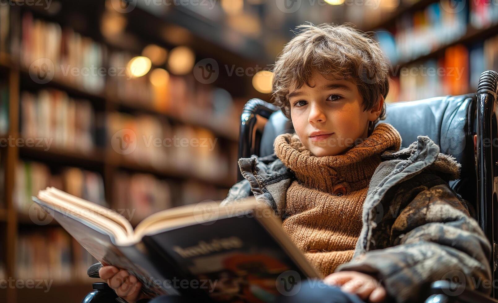 A young boy is sitting in a chair with a book in his lap. He is wearing a brown sweater and a black jacket photo