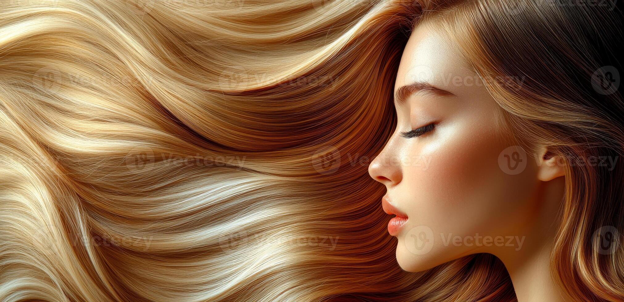 A woman with long blonde hair is shown in a blurry image. The hair is styled in a way that it is flowing and has a lot of volume. The woman's face is also blurred photo