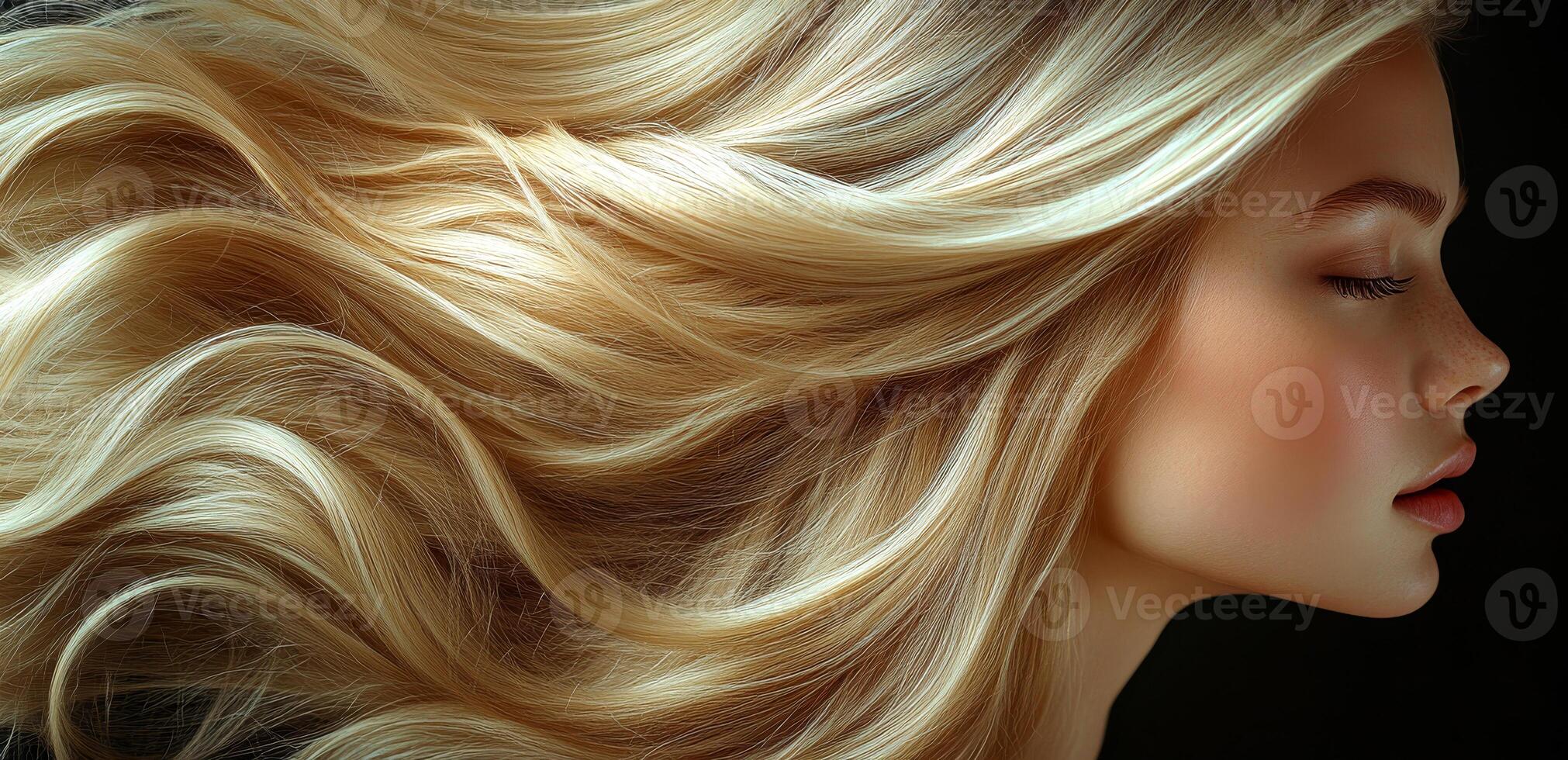 A woman with long blonde hair is shown in a black background. The hair is styled in a way that it is blowing in the wind. Concept of freedom and movement photo