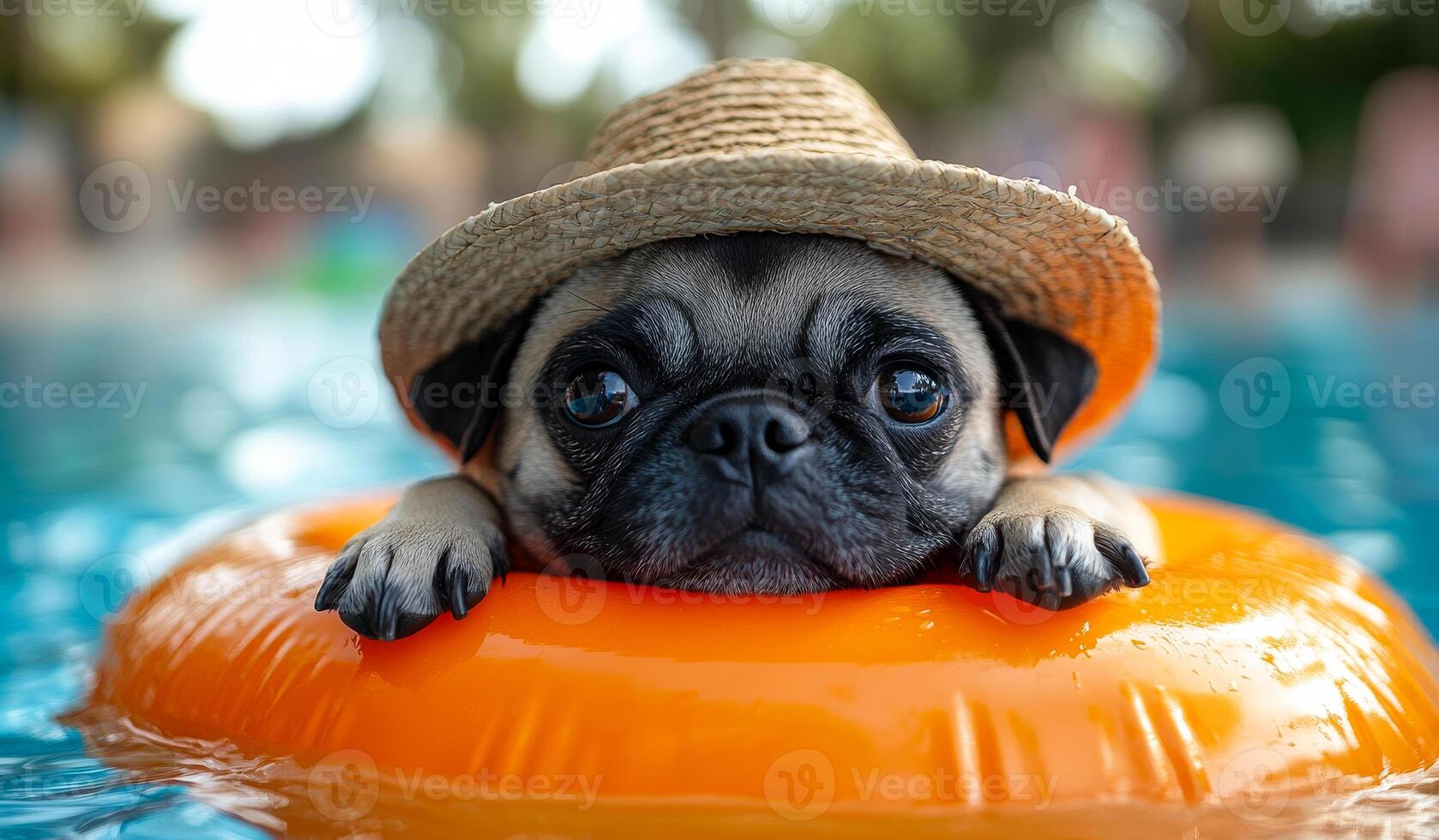 A small dog is sitting on an orange inflatable pool float. The dog is wearing a straw hat photo