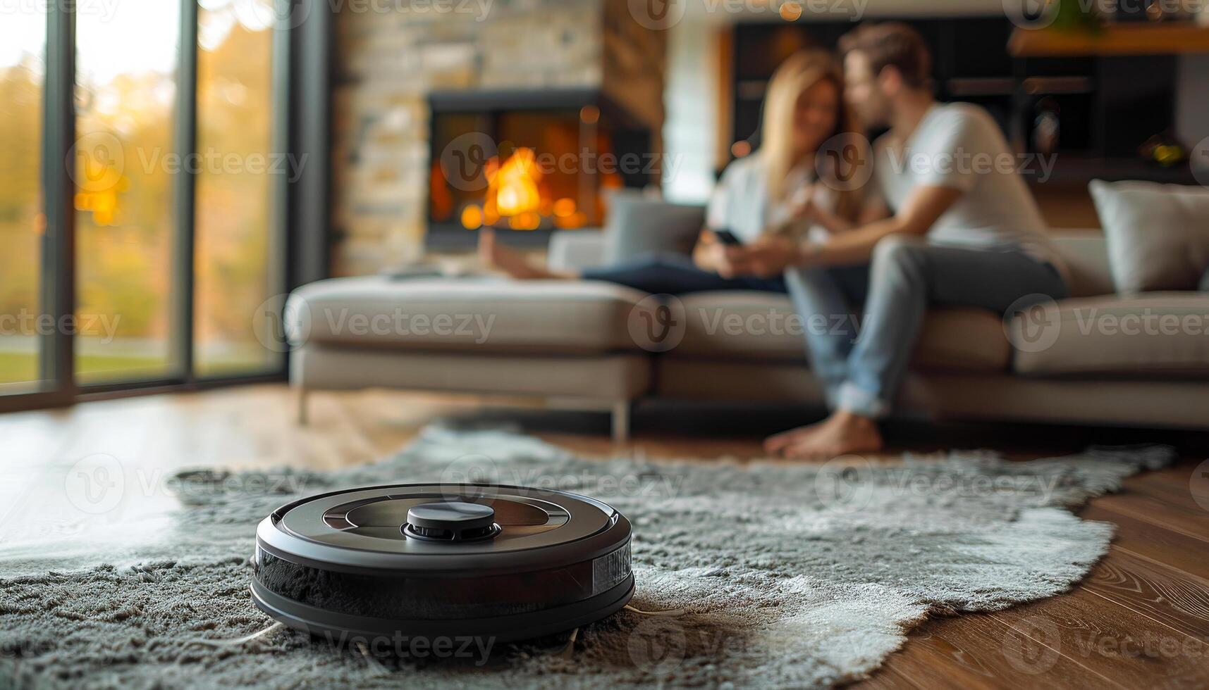 A man and woman are sitting on a couch in a living room. A robot is on the floor in front of them photo