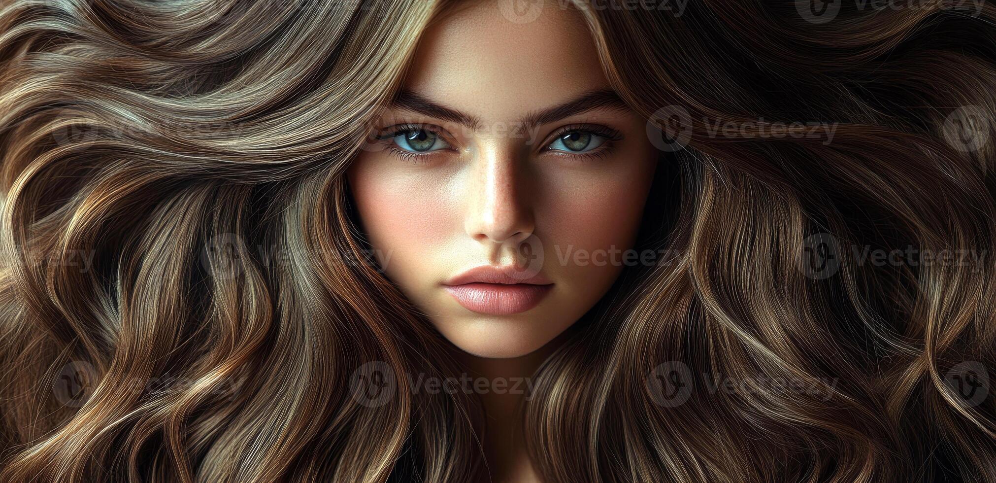A woman with long brown hair and a pale face. She has a pale pinkish tint to her cheeks photo