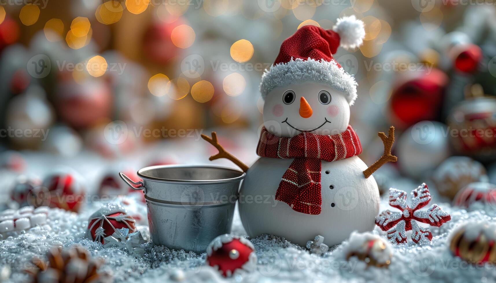 A snowman with a red scarf and a white hat is standing in front of a bucket. The bucket is empty, and the snowman is surrounded by various Christmas ornaments. The scene conveys a festive photo