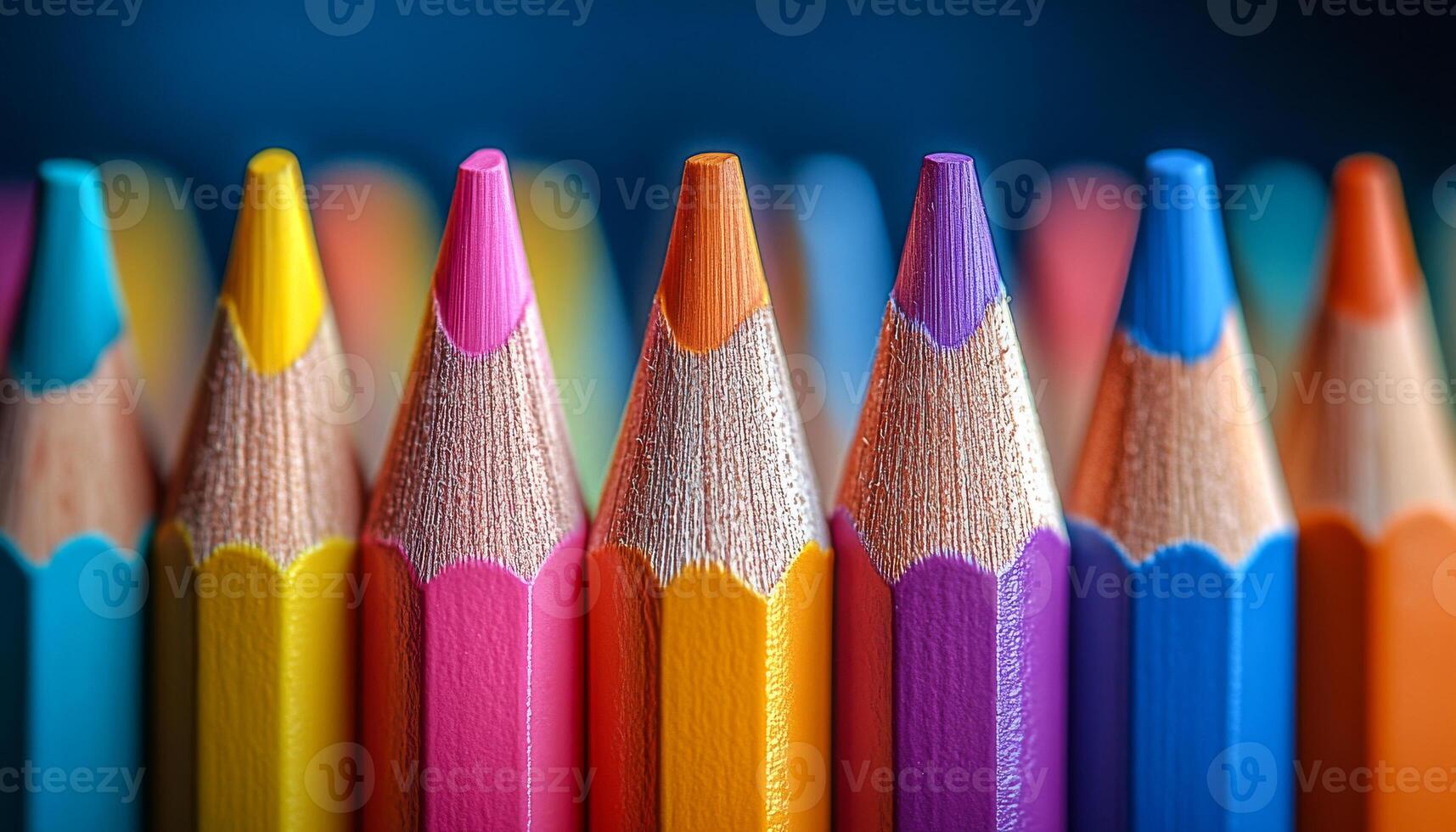 A row of pencils with different colors. The pencils are lined up in a row, with the yellow pencil in the middle photo