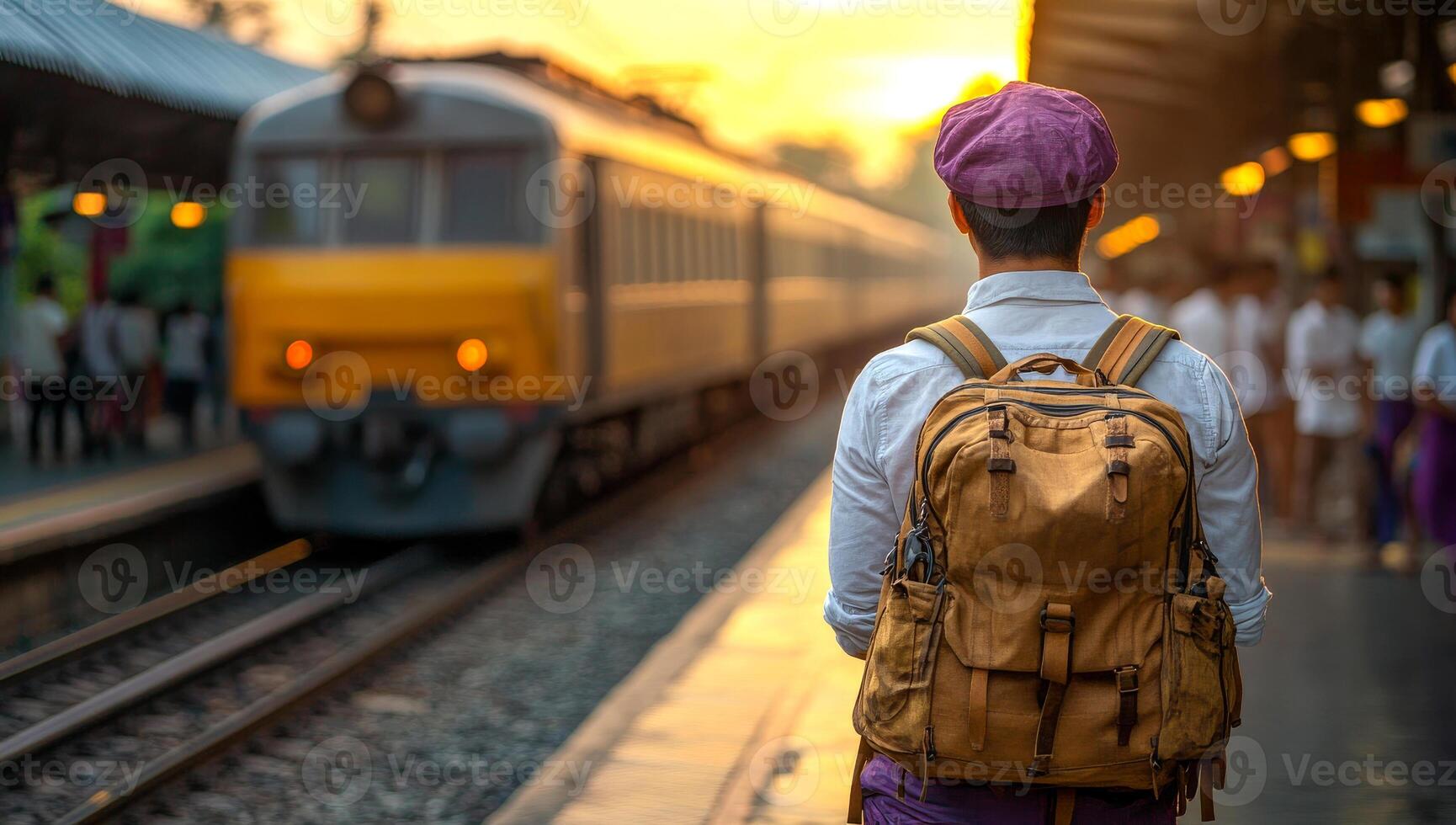 A man wearing a purple hat and a brown backpack is standing in front of a train. The train is yellow and has a red light on it. The man is looking at the train, and there are other people around him photo