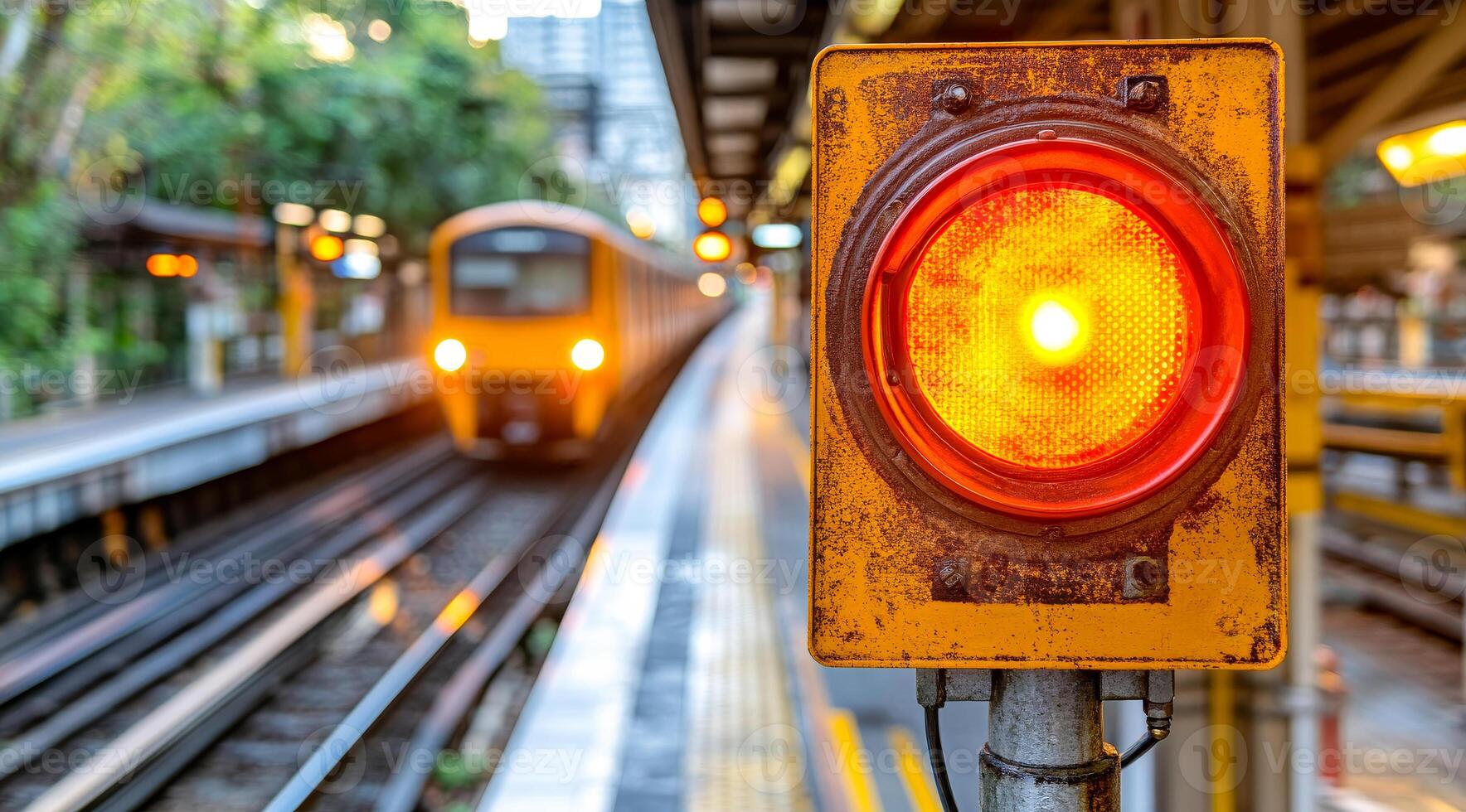 A train is approaching a red light on the tracks photo