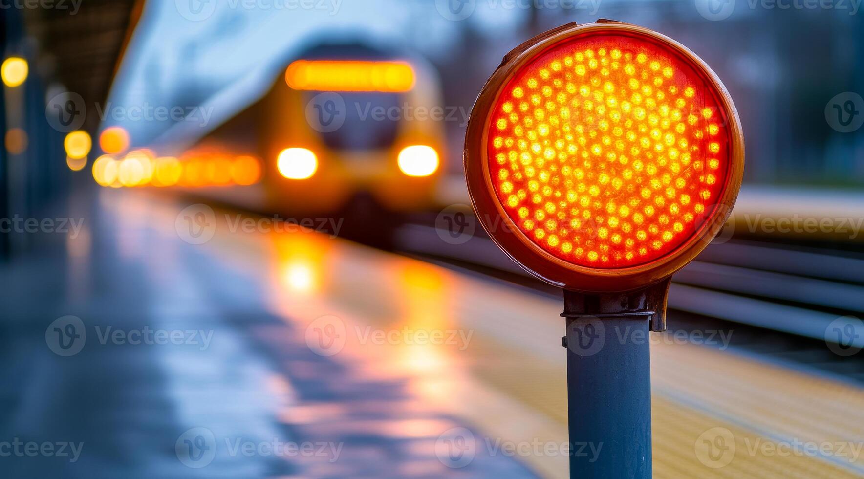 A train is coming down the tracks and a red light is lit up photo