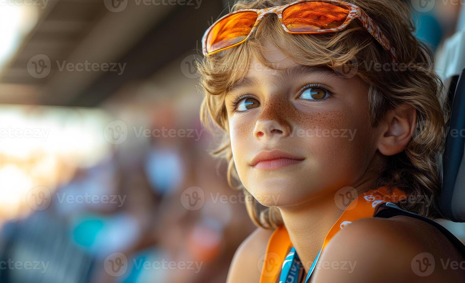 A young boy with a sun visor on his head is looking at the camera. photo