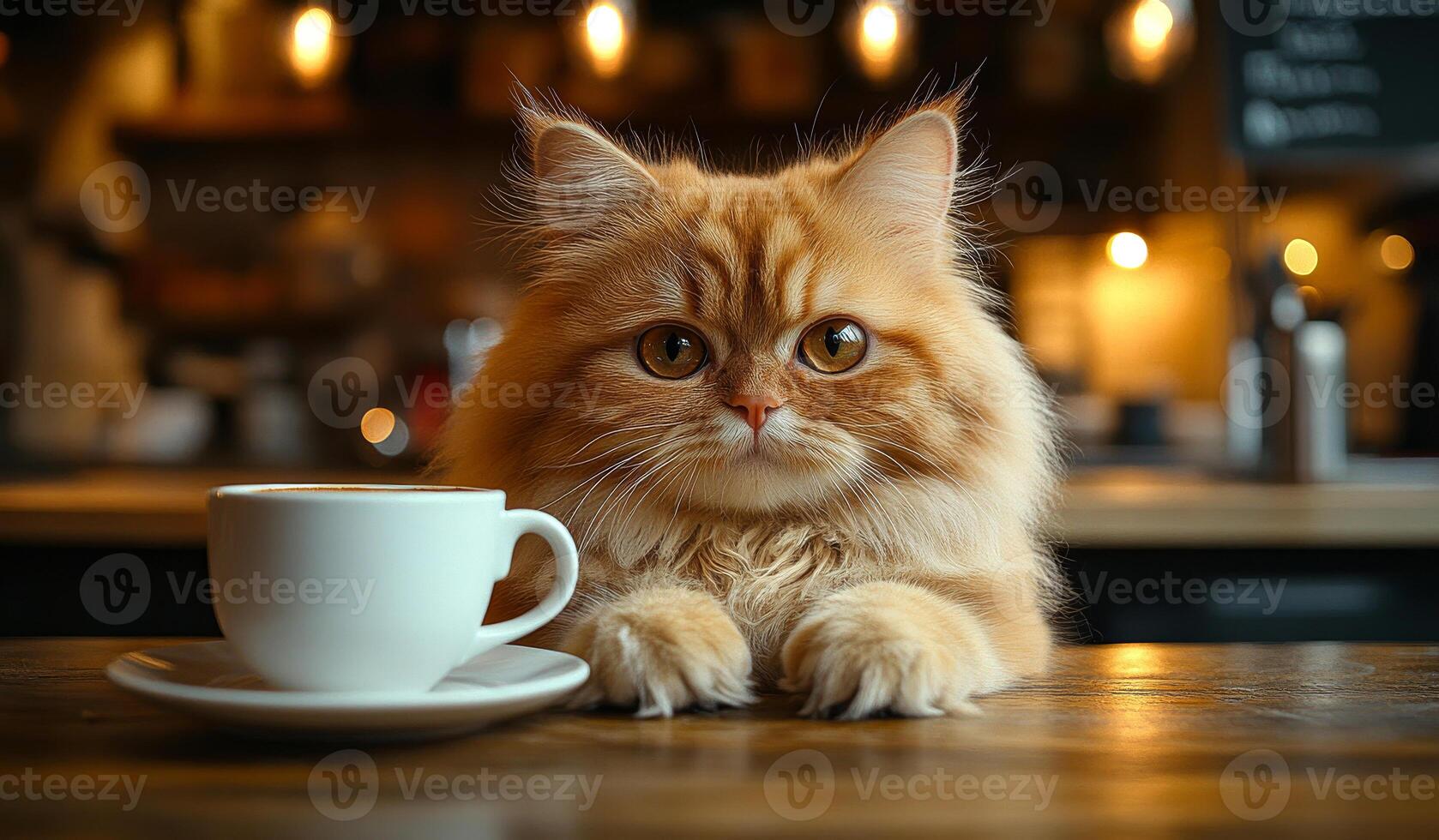 A cat is sitting on a table next to a white coffee cup. The cat is looking at the camera with a curious expression photo