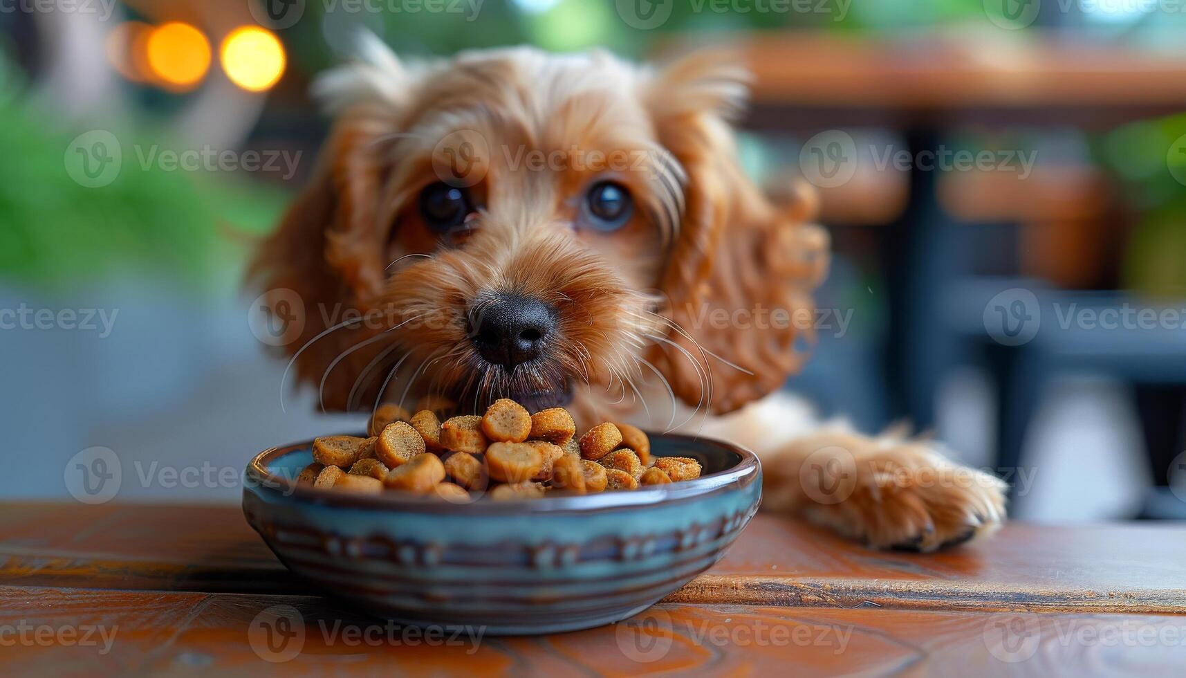 A small dog is eating food from a bowl photo
