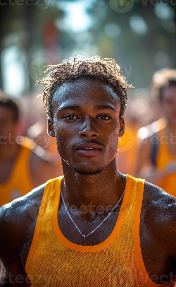 A man with a necklace and a yellow tank top is standing in a crowd. The man is sweating and looking at the camera photo