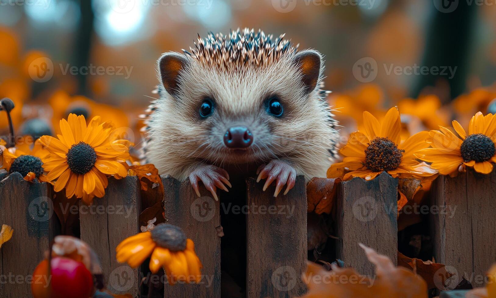 A hedgehog is standing on a wooden fence next to a bunch of yellow flowers. The hedgehog is looking at the camera with a curious expression. The scene has a warm and inviting mood photo