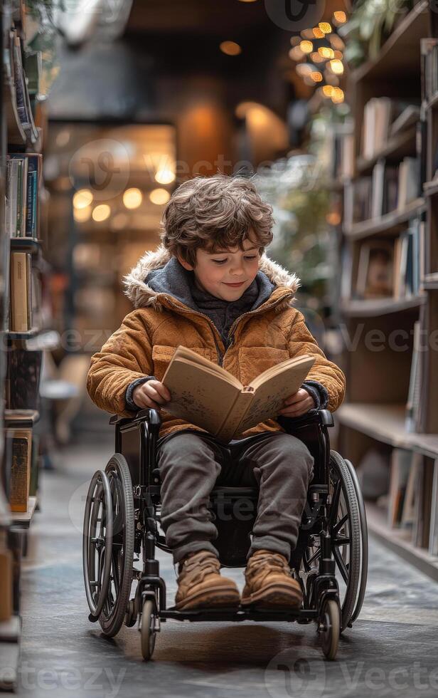 A young boy in a wheelchair is reading a book. The scene is set in a library, with many books visible in the background. The boy appears to be enjoying his time reading, and the atmosphere is calm photo