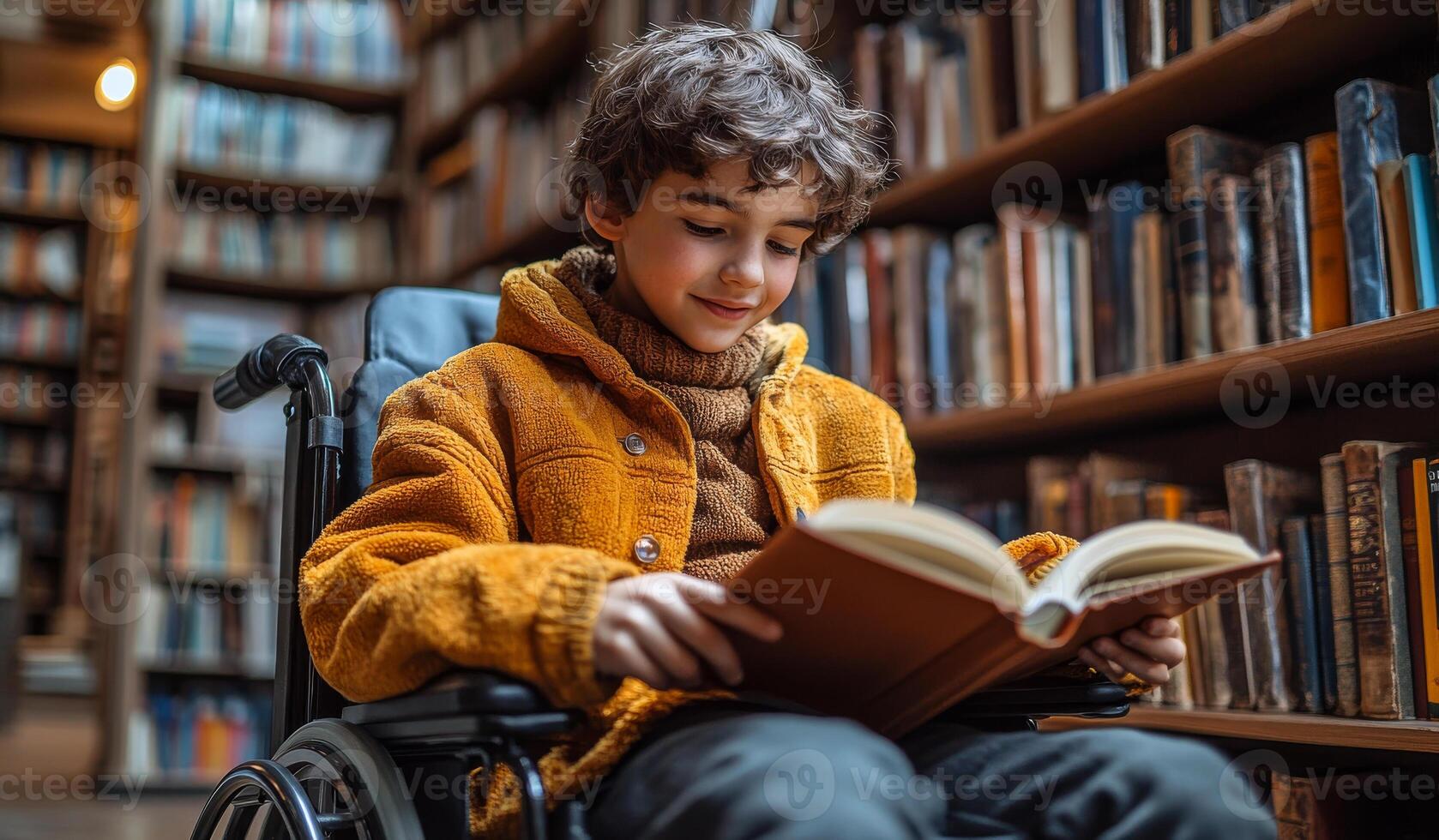 A young boy in a wheelchair is reading a book in a library. He is smiling and he is enjoying himself photo