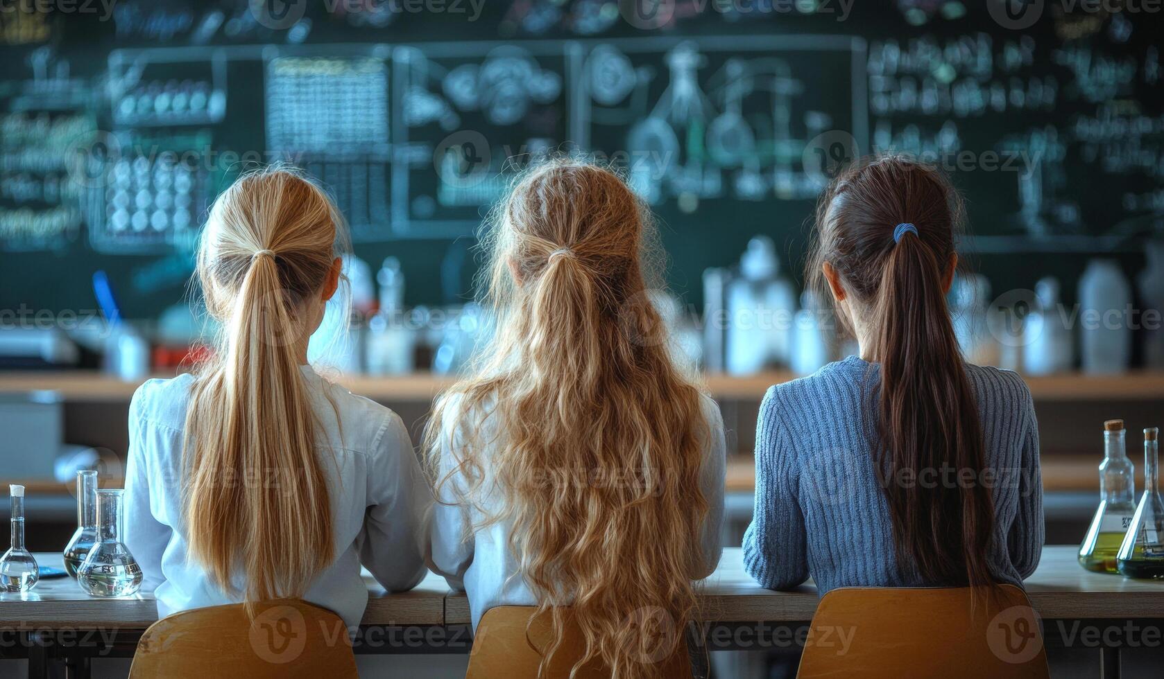 Three girls with long hair sit on chairs in front of a blackboard with equations and diagrams. Scene is one of learning and collaboration photo