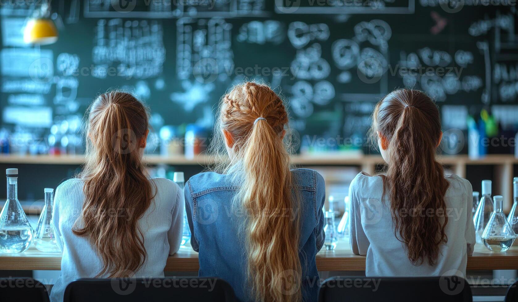Three girls with long hair sit at a table in front of a blackboard with equations on it photo