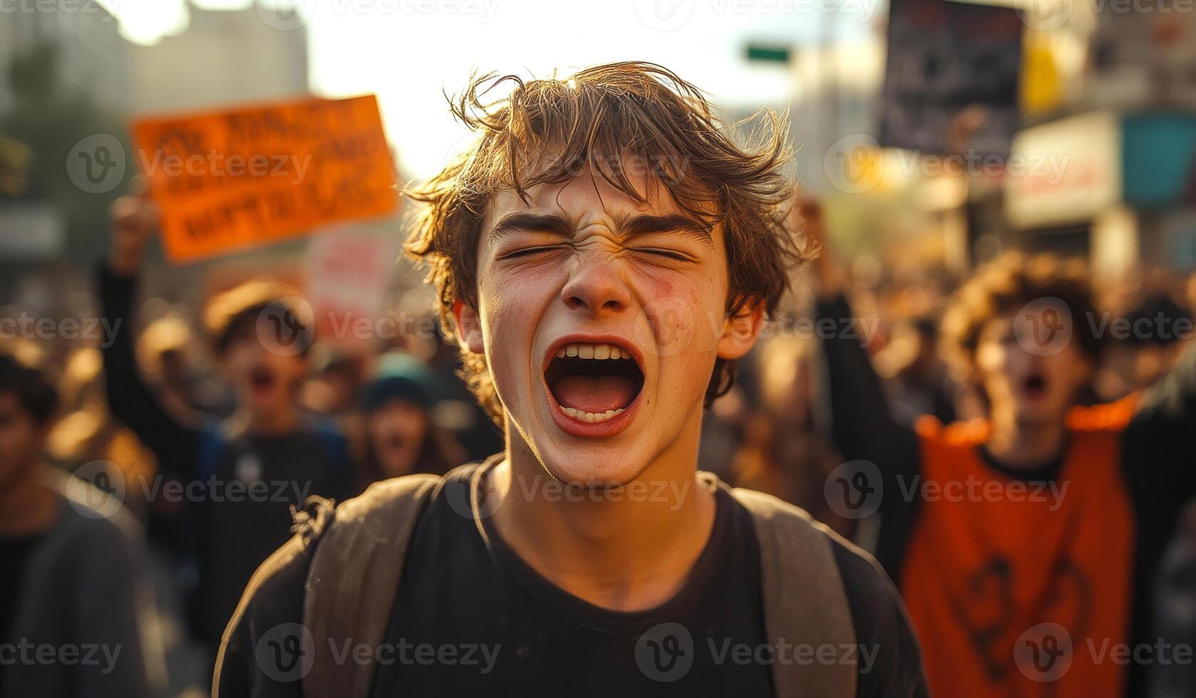 A young man is in the middle of a crowd of people. He is yelling and he is very passionate about the cause photo