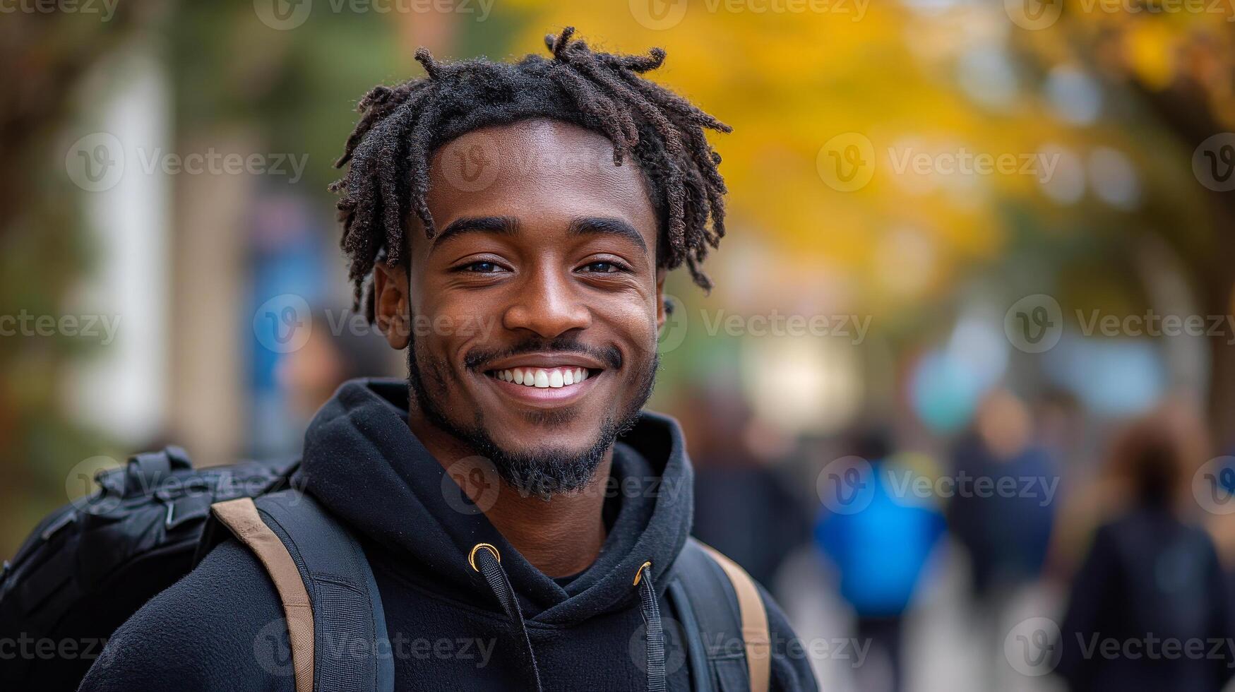 A young man with dreadlocks is smiling and wearing a black hoodie and backpack. He is surrounded by other people, some of whom are carrying backpacks as well. The scene appears to be casual photo
