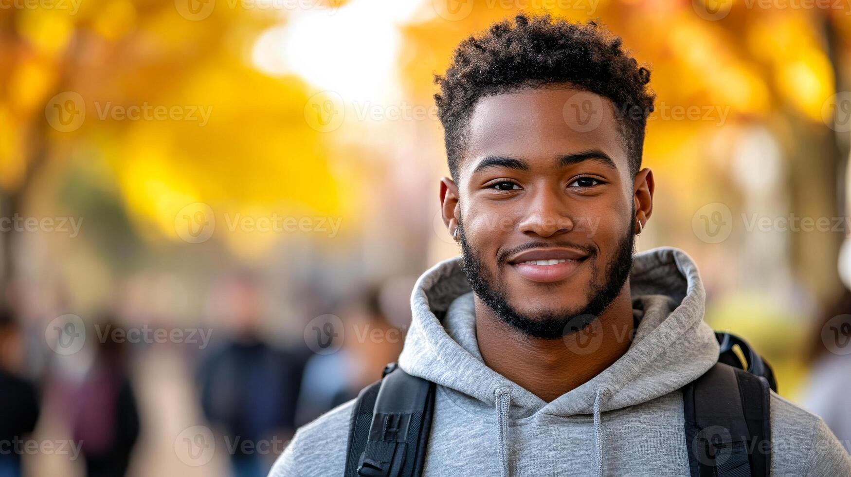 A young man with a beard and a hoodie is smiling for the camera. He is wearing a backpack and he is in a public area photo