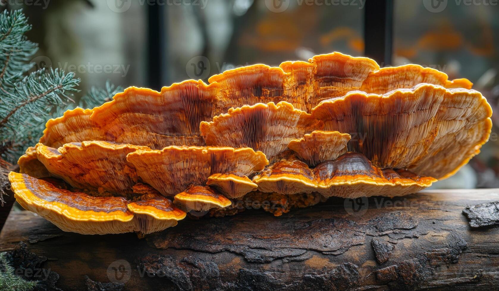 A large mushroom with orange and brown spots sits on a log. The mushroom is surrounded by green leaves and branches photo