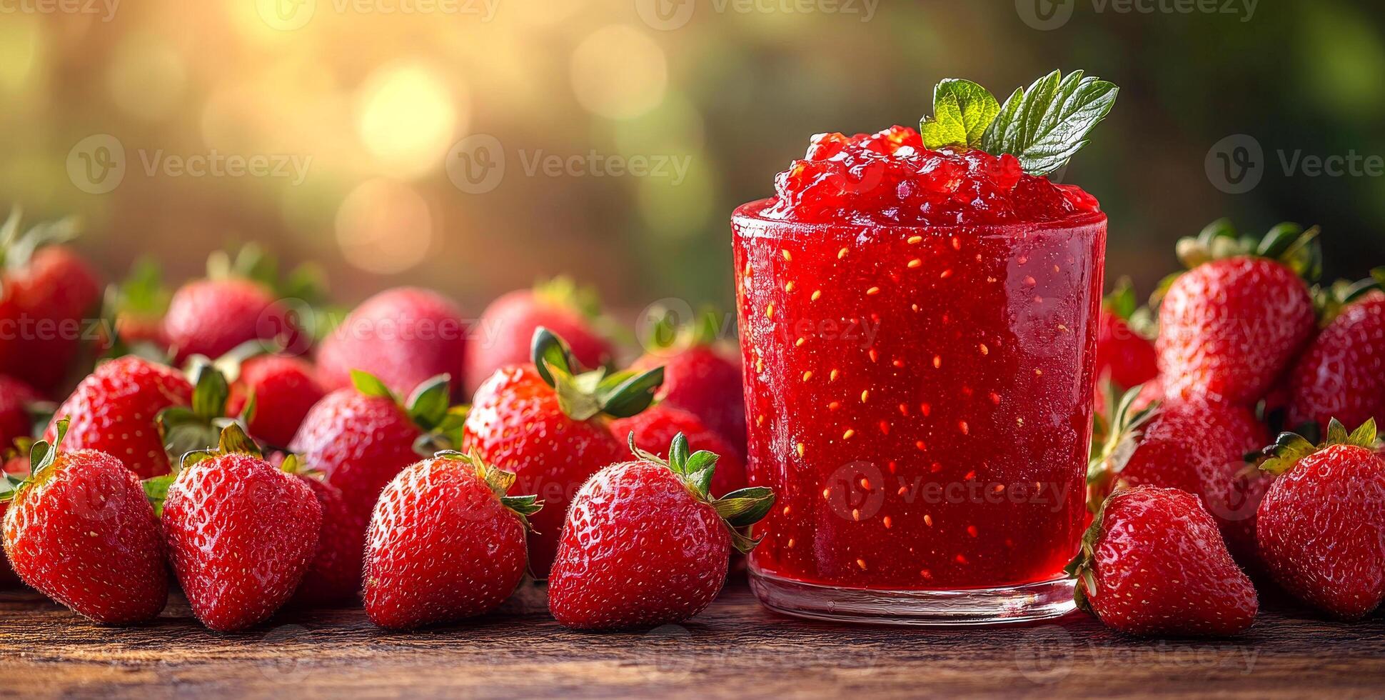 A glass of strawberry jam is on a table with a bunch of strawberries. The strawberries are red and have green leaves on them. The scene is bright and cheerful, with the red strawberries photo