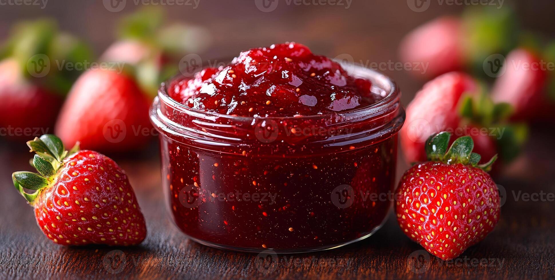 A jar of strawberry jam is sitting on a wooden table next to a bunch of strawberries. The jar is filled with a deep red sauce, and the strawberries are fresh and ripe. Concept of warmth and comfort photo