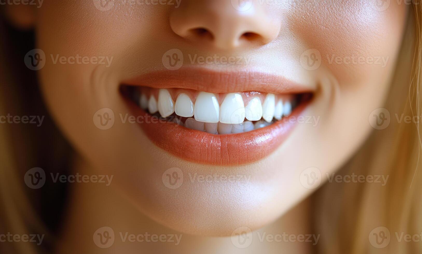 A woman with a bright smile showing her teeth. Concept of happiness and confidence photo