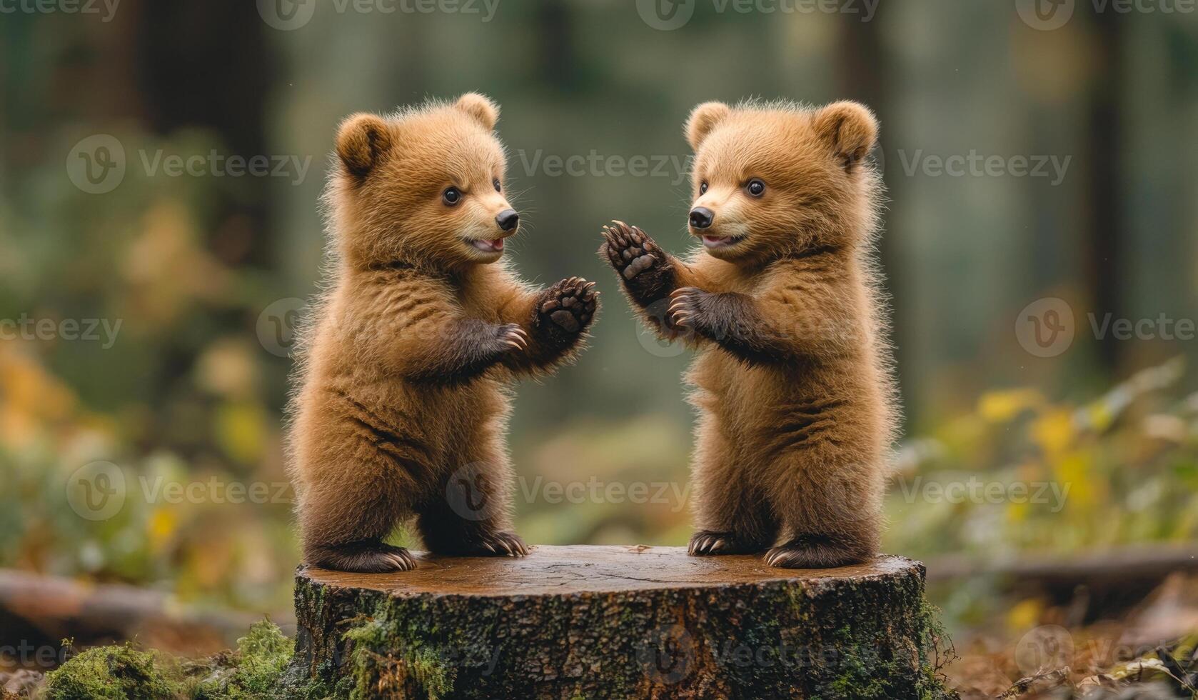 Two baby bears standing on a log, one of them is holding the other one. The scene is playful and cute photo
