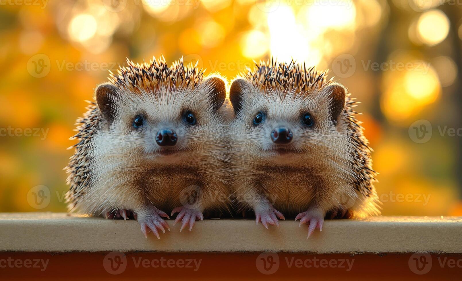 Two baby hedgehogs are standing on a ledge, looking at the camera. The image has a warm and friendly mood, as the hedgehogs seem to be enjoying the attention photo