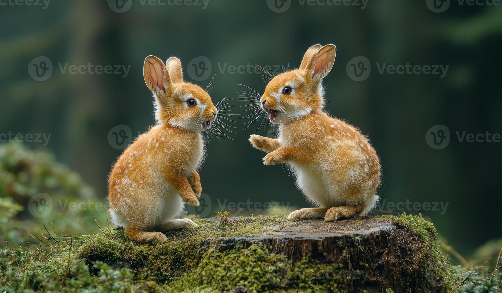 Two baby rabbits are standing on a mossy log, one of them is making a funny face photo