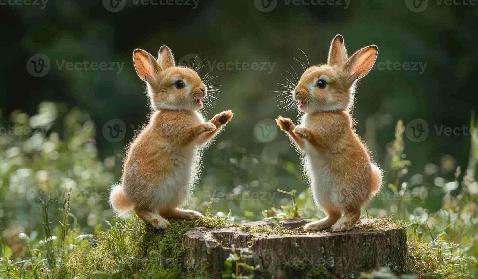 Two baby rabbits standing on a log, one of them is holding its paw up. Concept of playfulness and innocence, as the rabbits are engaging in a friendly interaction photo