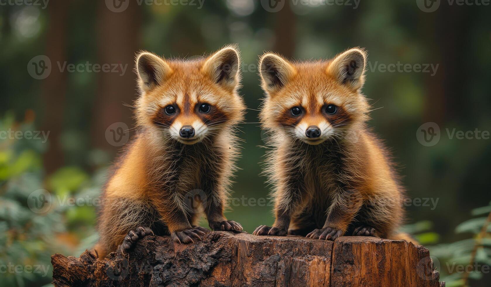 Two baby raccoons sitting on a log in the woods. They are looking at the camera with their eyes closed photo