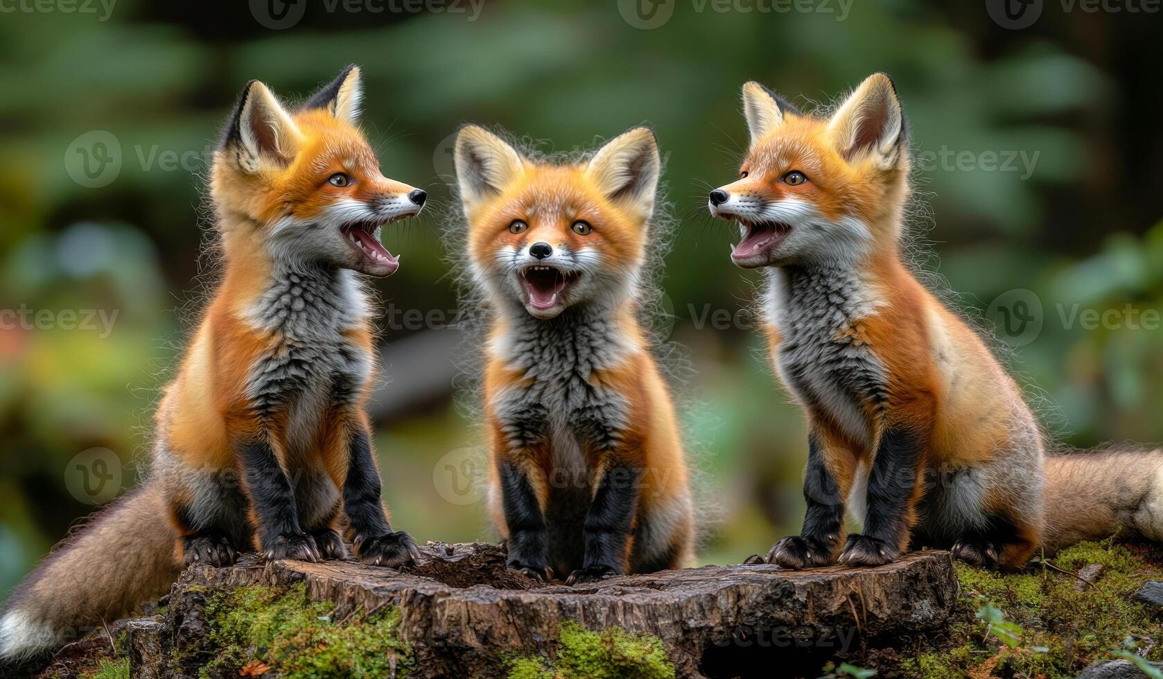 Three baby foxes are sitting on a log, one of them is making a loud noise. The scene is peaceful and calm, with the baby foxes enjoying their time together photo