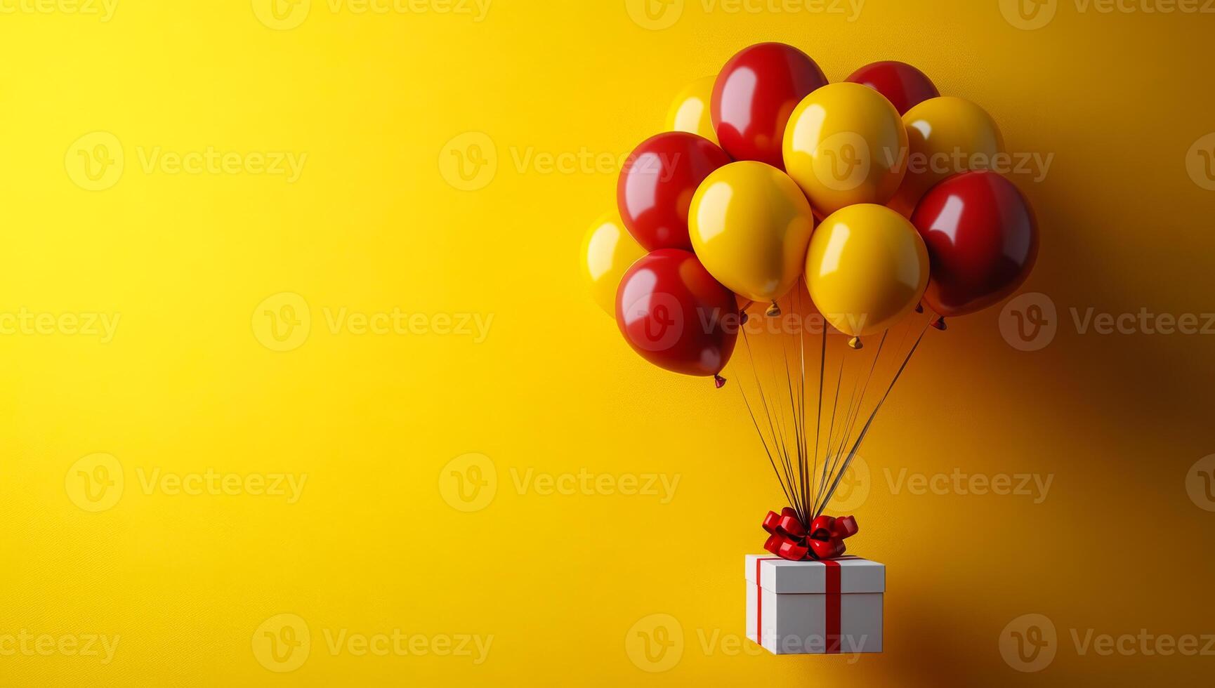 A bunch of balloons are floating above a white box with a red ribbon. The balloons are red and yellow, and they are scattered all over the box. Concept of celebration and joy, as the balloons photo