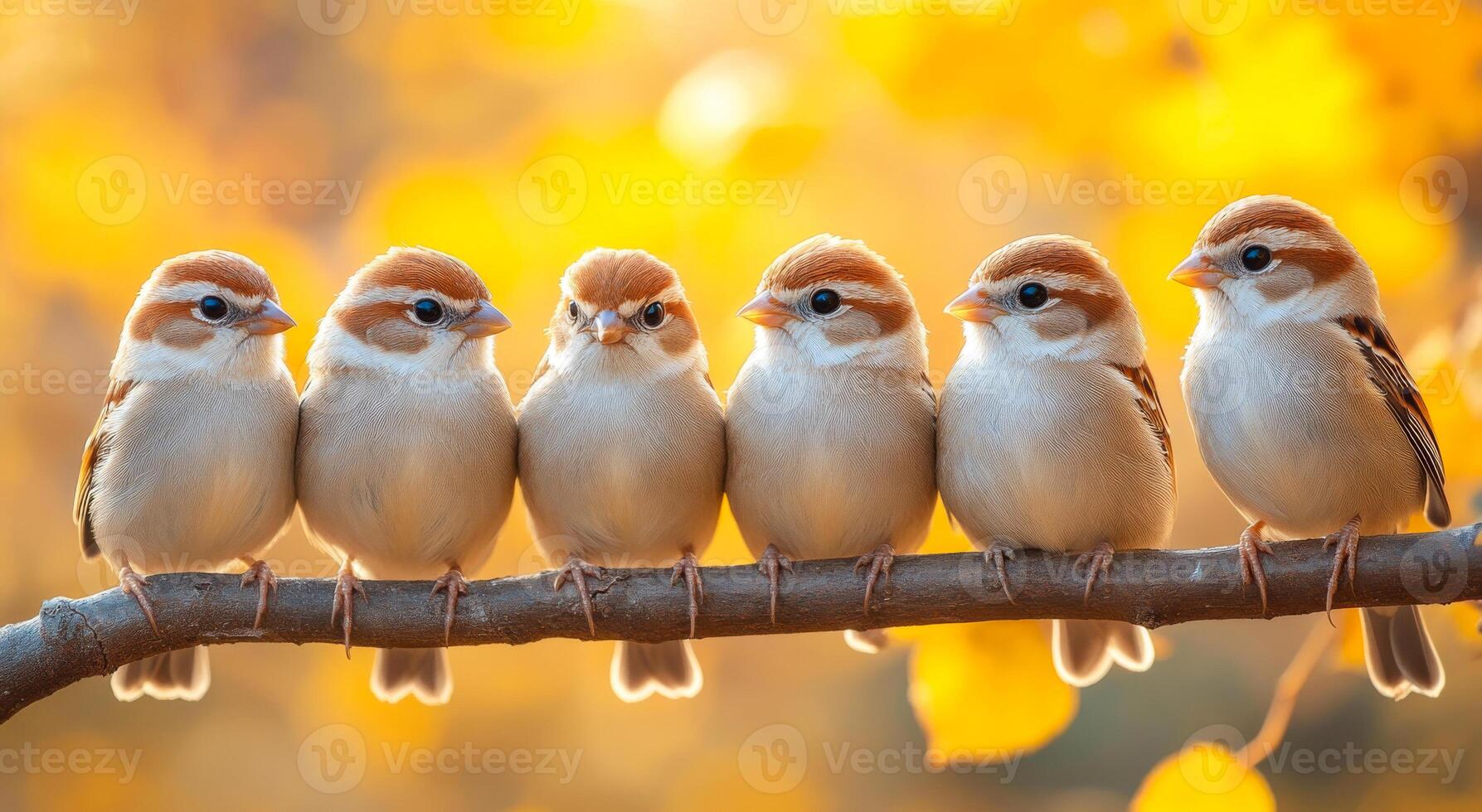 A group of small birds are sitting on a branch, with one bird looking at the camera. The birds are all different colors, but they all have a similar size and shape. photo