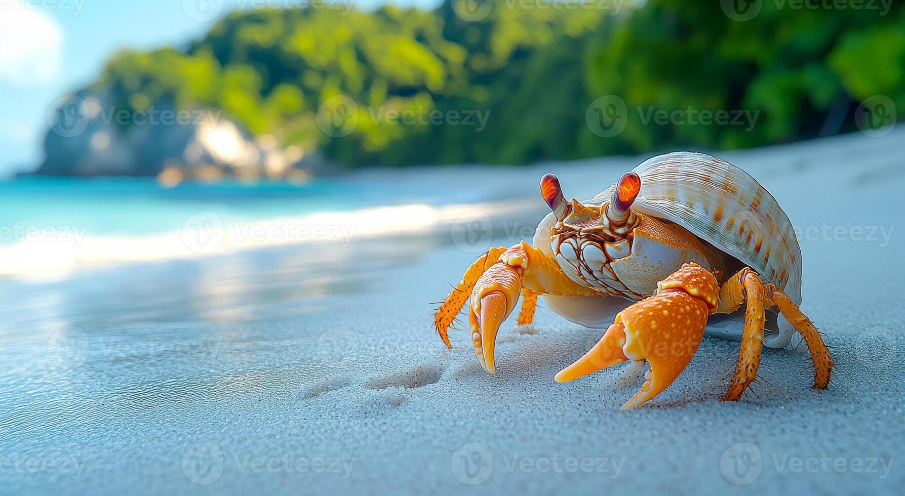 A crab is walking on the beach. The crab is orange and has a red stripe on its back. The beach is sandy and has a beautiful view of the ocean photo