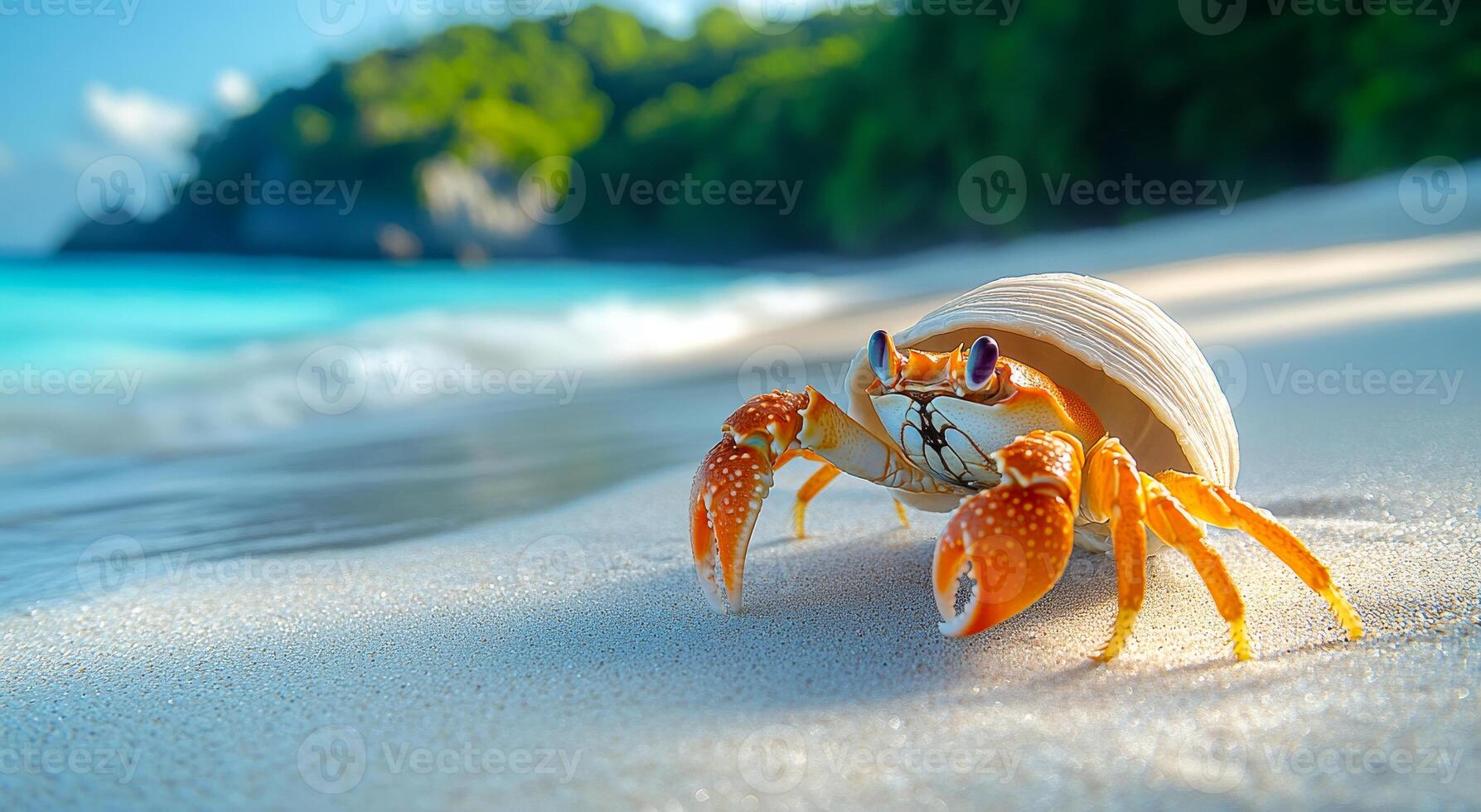A crab is on the beach, looking out at the ocean. The crab is orange and white, and it is curious about its surroundings. The beach is calm and peaceful, with the ocean in the background photo