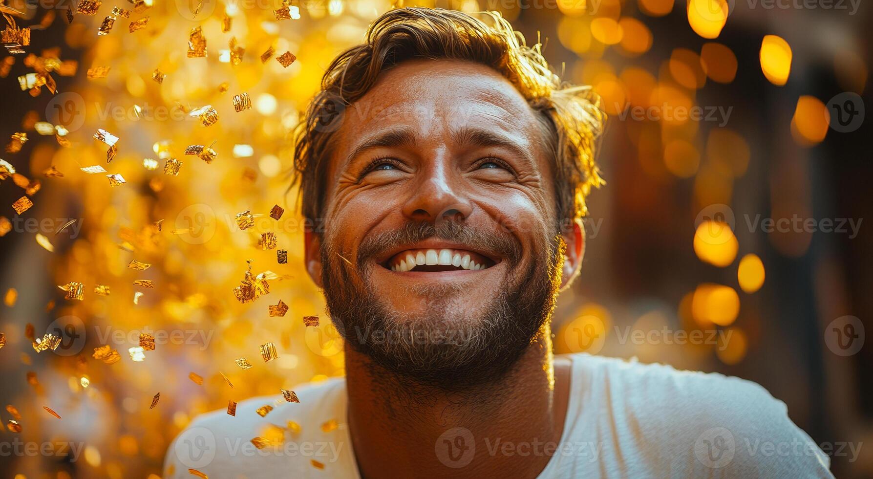 A man with a beard and a smile is surrounded by gold confetti. The man is happy and enjoying the moment photo