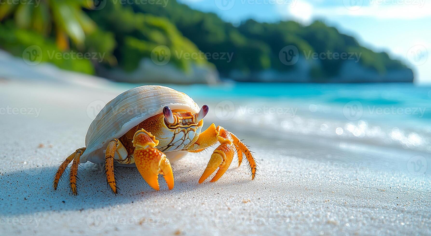 A crab is on the beach, looking out at the ocean. The scene is peaceful and serene, with the crab being the only living creature visible photo