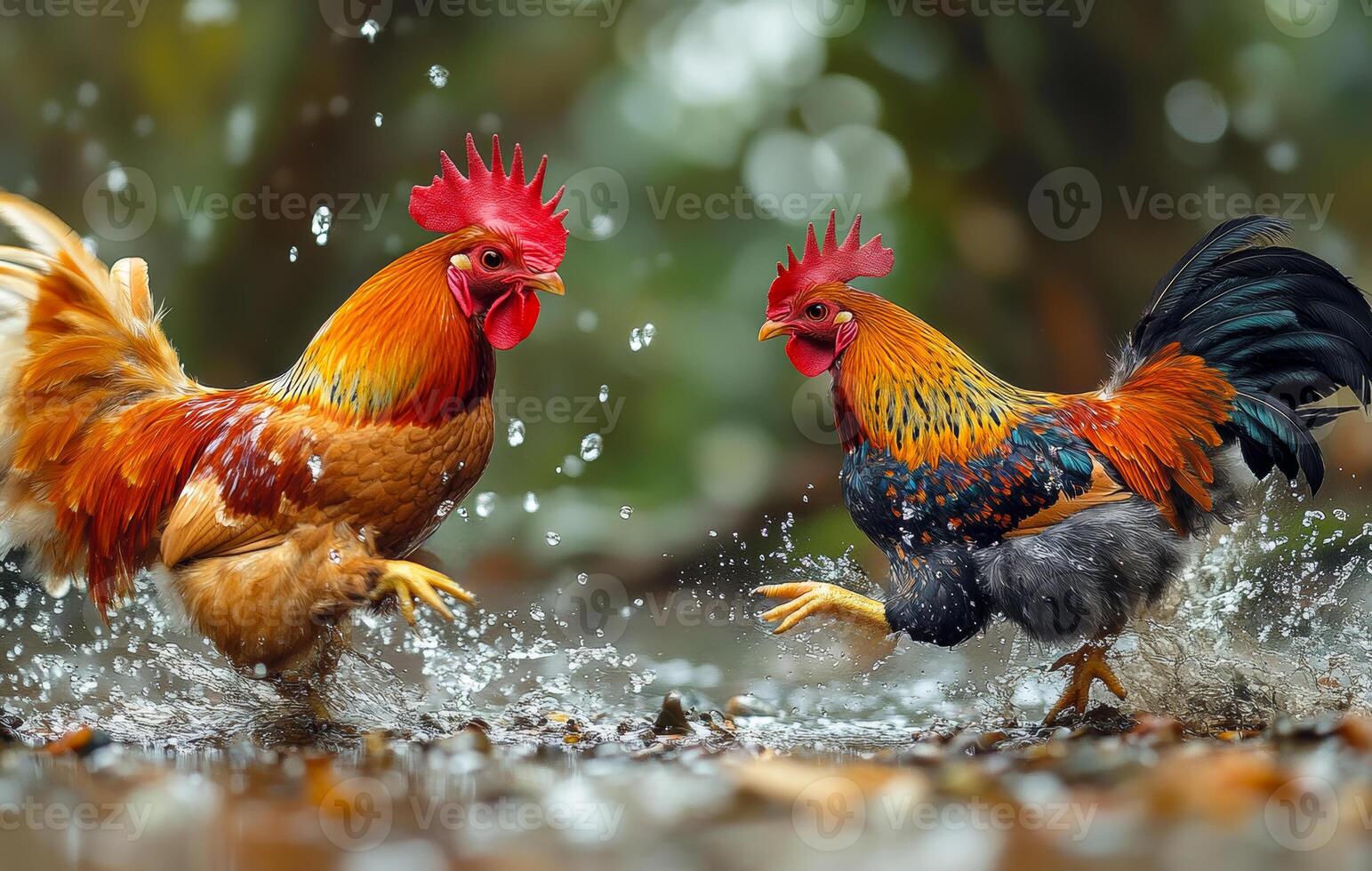 Two roosters are playing in the rain, one of them is brown and the other is black. Cockfighting photo