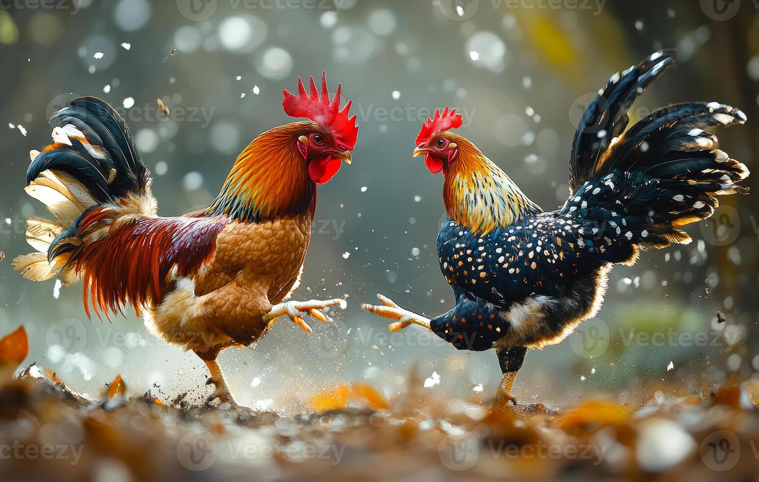 Two chickens are standing on the ground, one of which is red and the other is black and white. Cockfighting photo
